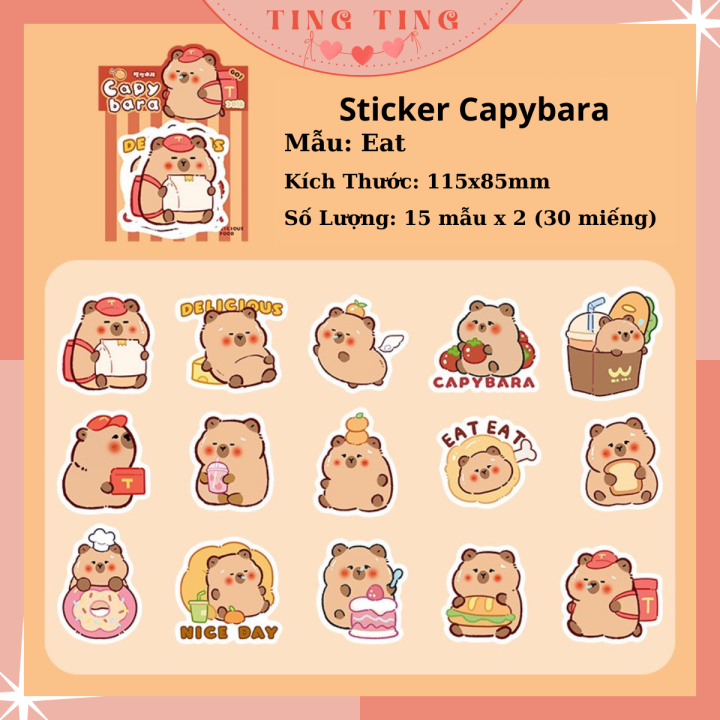 Set 30 miếng sticker Capybara cute hình dán trang trí sổ tay, bình nước siêu dễ thương _ Ting Ting