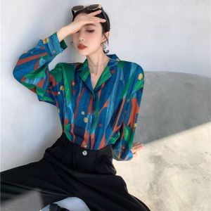 CLE Alisa.Sonya Plus size Womens Korean Style Long Sleeve Blouse - Single Breasted Lapel Collar Shirt Loose Fit Casual Formal Office Top in Blue