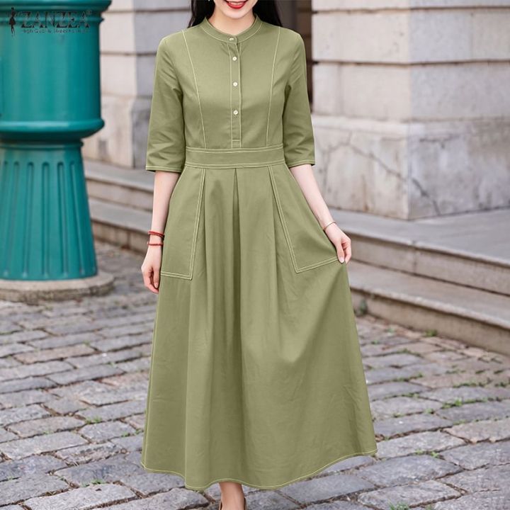 ZANZEA Korean Style Women Fashion Stand Collar Half Sleeve Contrast Color  Line Dresses Pockets Long Dress #0511 | Lazada PH