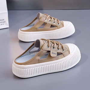 [Free Shipping] 2025 Summer New Slip-On White Shoes For Women Hollow Breathable Student Sneakers Casual Thick-Soled Half-Slipper For Women T19