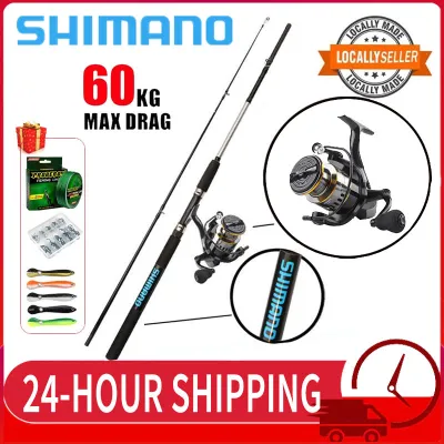 SHIMANO Fishing Rod Set HE500 60KG Max Drag Teleskopik 12 Por 5.2:1 Hollow Carbon 1.8m-3m Barang Mancing Set Joran Pancing Set 50KG Max Drag Sports