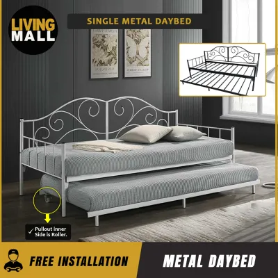 Living Mall Emily Metal Daybed Bed Frame Single with Pull-Out in Black/White Colour w/ Mattress