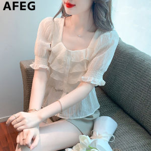AFEG new Korean version square neck short ruffled fashion loose all-match temperament chiffon puff sleeve blouse for women