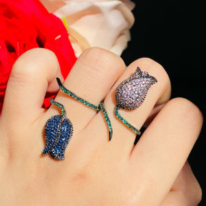 SEQUITO Brand Design Black Gold Plated Rose Flower Jewelry Sapphire Blue Cubic Zirconia Setting Adjustable Open Ring for Unique Women Party SR041