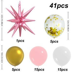 41pcs balloon set pink girl-themed balloons with burst star foil perfect for princess-themed decorations birthday parties engagement party decor indoor and outdoor decorations and party balloon setups.