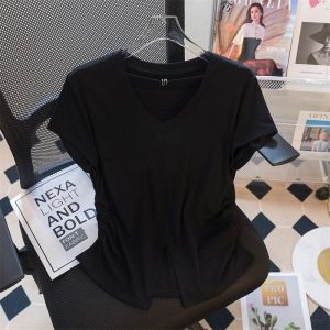 Áo thun ngắn tay vải cotton nguyên chất áo lót eo xếp li cổ chữ V thời trang 2023 cho nữ