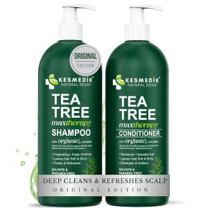 KESMEDIK Tea Tree Shampoo and Conditioner Set MaxTherapy with 100% Tea Tree Oil for Hair Helps Refresh Itchy Scalp Deep Clean Oily Hair Dandruff & Buildup Sulfate-Free Women & Men 16 fl oz Each