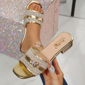 [Free Shipping] In-Stock High-Heeled Sandals WomenS Slippers Stylish And Versatile With Decorative Buckles Square-Toe Sandals