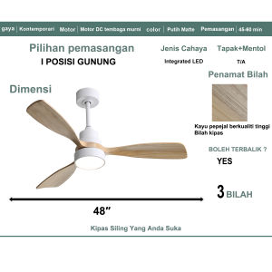 48-inch ceiling fan solid wood ceiling fan light variable frequency noise reduction ceiling fan DC motor simple business fan 6-speed remote control with reverse/timing function suitable for dining room bedroom living room