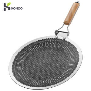 Konco 316 Stainless Steel Non-stick BBQ Skillet Frying Pan Portable Wok Outdoor Camping Barbecue Tray Foldable Picnic Roasting Tray 34cm with folding wooden Handles Barbecue Plate