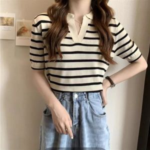 【STOCK+COD】korean style stripe polo shirt for women knitted blouse on sale casual top v-neck short sleeve loose fit