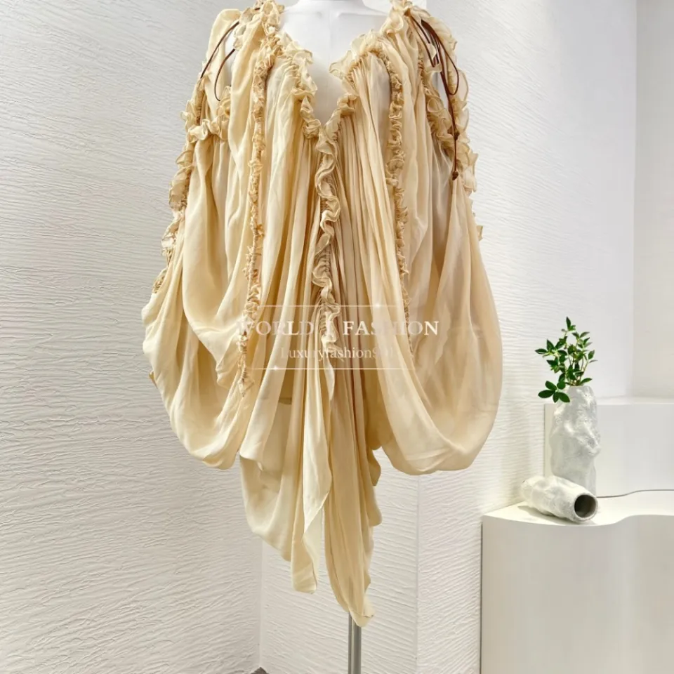 beige ruffles batwing sleeve v neck pleat backless mini dress
