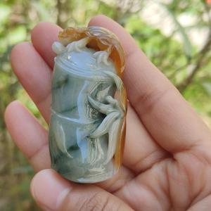Premium Yellow and Floating Blueish Green (Piaohua) Natural Type A Jadeite Pendant Necklace crafted with Bamboo Lizard symbols of Wealth fortune longevity and wisdom with certificate weigh 37.99 grams 57.3 * 27.5 * 14.6 mm (pendant47)