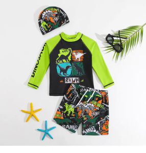 Swimming Outfit Set for Kids Boys Cute Dinosaur Shark Design Tops + Short & Cap Rashguard Swimwear Set for Boys 1-8 Years Old