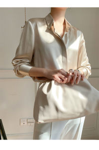 Alisa.Sonya Classic Office Women Shirts Elegant Blouse Satin Long Sleeves Fashion Button Up Lapel Collar Loose Fit Top Silky Blouse For Women