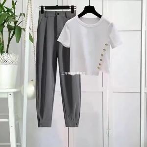 Fashion Suit Women 2023 Summer New All-Match T-shirt High Suit Pants Cropped Pants Western Style Youthful-Looking Two-Piece Suit Fashion