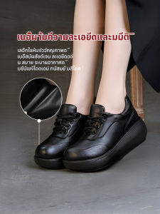ผู้หญิงแพลตฟอร์มหนารองเท้าใส่สบายแท้ รองเท้าหนังผู้หญิง หัวกลม น้ำหนักเบา กันลื่น พื้นหนา รองเท้าผู้หญิง