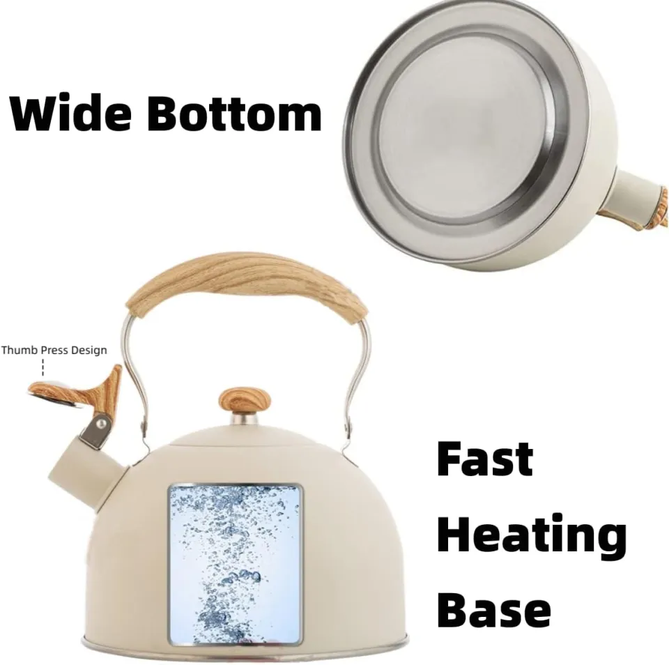LONFFERY Tea Kettle, 2.5 Quart Whistling Tea Kettle, Tea Pots For Stove Top Food Grade Stainless Steel With Wood Pattern Folding Handle - White