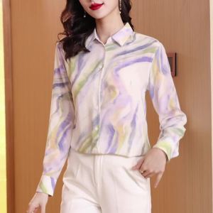 Ammin 2024 phong cách Hàn Quốc r lãng mạn nhẹ nhàng Lilac đám mây XIA in màu mực Áo voan người phụ nữ Xuân Hè Tay áo dài đi lại Một hàng khuy áo blouse thanh lịch