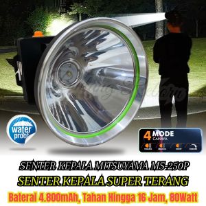 Senter Kepala LED Super Terang Mitsuyama MS-250P Senter Kepala Led Cahaya Putih 80WATT Tahan Sampai 16Jam / Lampu Senter Kepala LED 80w Jarak Jauh Super Terang / Senter Kepala Rechargeable / Senter Kepala 80W ~ Bintang Reborn Store