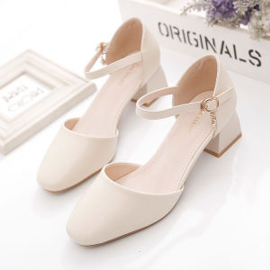 AngelCityes🤩รองเท้าแตะสตรีส้นหนา รองเท้าส้นสูงสายเดี่ยวสไตล์นางฟ้า ส้น 4 ซม. ประดับพลอยเทียม พร้อมส่ง