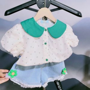 (LOLI-JKT) BS-255 SET ANAK CEWEK KERAH FLORET 2 WARNA + CELANA DENIM SIZE 100-140