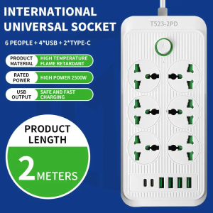 Universal Power Strip With Multiple Outlets And Fast Charging Ports For Study Area And Work Desk Safety Design T513-2PD 3 Sockets T514-2PD 4 Sockets T523-2PD 6 Sockets