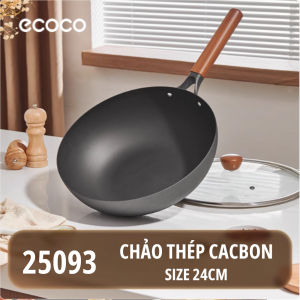 Chảo thép Cacbon ECOCO không tráng phủchống dính vật lý 24cm và 32cm cao cấp Chảo thép tròn cán gỗ chuyên dụng xào nấu
