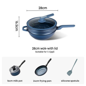 ecowin Micro Pressure Wok Non Stick with Steamer/Spatula/2pcs Pan Set 28/32cm (NO PFAS& PTFE& PFOA) Suitable for All Stoves
