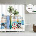 Riyidecor Beach Surf RV Fabric Shower Curtain Set for Bathroom Decor 72Wx72H Inch Coastal Theme Bath Accessories for Men Boys Tropical Palm Trees Pattern Camping Car Bathtub 12 Pack Plastic Hooks. 