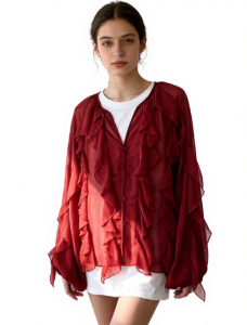 Kemeja Korean Blouse Women Ladies Loose Chiffon Ruffle Long Sleeve Shirt Solid Color Women Shirt
