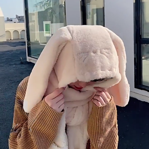 Cute Cartoon Rabbit Shape 3in1 Scarf Hat Mitten Suit Soft Plush Thicken Warmer Supplies for Women Winter