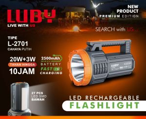 Luby L-2701 Flashlight Tahan Air Li-Ion 2500mAh 20W+3W Fitur Pengisian Cepat untuk Camping & Hiking