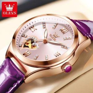 OLEVS 6636 Automatic Mechanical Women Wristwatch Fashion Genuine Leather Band Waterproof Watches For Women