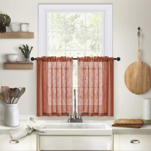 YDSD 2PCS Through-shaft Type Linen Textured Kitchen Short Curtain Semi Transparent Light Filtering Short Sheer Curtains Household Solid Color Window Drapes Bathroom
