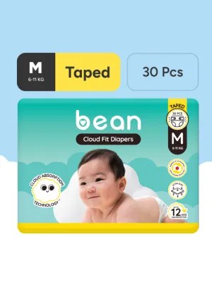 bean Cloud Fit Diapers Taped Medium (6-11 kg) - Pack of 30