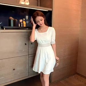 ELF TRIBE New Hollow Lace Waist A-Line White Short Sleeve Dress for Women