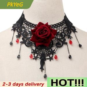 PkYeG Vintage Flower Charm Pendant Choker Necklace for Women Gothic Lace Tassel Clavicle Chain Jewelry