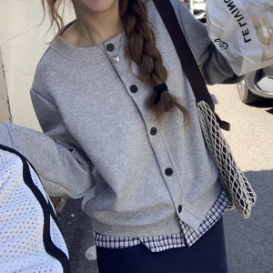 ali ใหม่ปลอมสองชิ้นลายสก๊อตเย็บแมทช์ลุคง่ายเสื้อกันหนาวฤดูใบไม้ร่วงออกแบบเฉพาะกลุ่มแขนยาวชุดเบสบอลเสื้อผู้หญิง