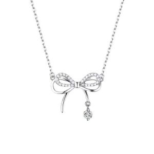 VGMJ Clavicle Chain Silver Bowknot Necklace Jewelry Accessories Love Heart Pendant Bow Necklace Pendant Temperament Rhinestone Simple Pendant Chain Girls/Women