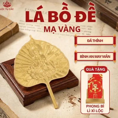 (Đã Gia Trì ) Lá Bồ Đề Mạ Vàng phong thủy Mặt Trước Hoa Sen Và Chữ Phúc Mặt Sau Hình Phật Đã Xin Lộc Tặng bao lì xì lộc