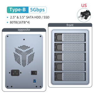 Yottamaster 5Bay Raid Hdd/ SSD การสนับสนุนการล้อมรอบ USB3.1 (GEN2) ประเภท C 10Gbps ความเข้ากันได้2.5/3.5 "80TB (ร้องเพลง16TB) ความจุ