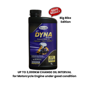 3000km Change Oil Interval 1 Liter DYNA MANUAL 4T Premium Motor Oil SAE 20w-50 API SJ JASO MA2. Blended with Advanced Metallurgical Process Additives. Affordable Long Interval Protection for BIG BIKE.