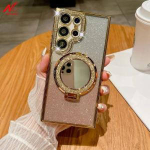 Glitter Mirror for Bracket Case for Samsung S24 S25 Ultra Galaxy S23 S22 Plus S24 FE A16 A55 Diamond Plating Cover