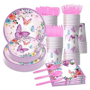 Purple&Pink Butterfly Cake Decorations Butterfly Pattern Paper Plate Napkin Cup Disposable Tablecloth Baby Shower Wedding Birthday Party Decorations