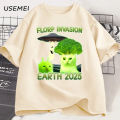 Funny Alien Brainrot Cat T-Shirt Broccoli Cat Printed Tshirt Cotton Short Sleeve Round Neck T Shirt Men's Clothes Streetwear. 