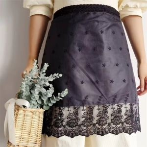 GONLUEZ Lace Trim Half Apron Half Length Black White Color Waist Apron Pastoral Floral Embroidered Water Resistant Apron For Kitchen