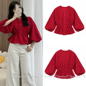 Áo sơ mi xếp li trước chất Cotton Denim tay bí phồng dáng peplum cúc dọc viền bèo chun eo xinh xắn