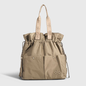 Drawstring Tote Bag ALO Embossed Logo Double Front Pockets Large Capacity Nylon Yoga Shoulder Handbag