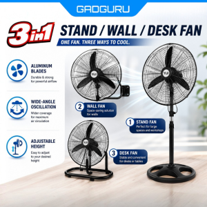 GADGURU 3-in-1 Industrial Fan 18 Inch Stand/Wall/Desk Fan Heavy Duty Strong Wind Wide Angle Fan